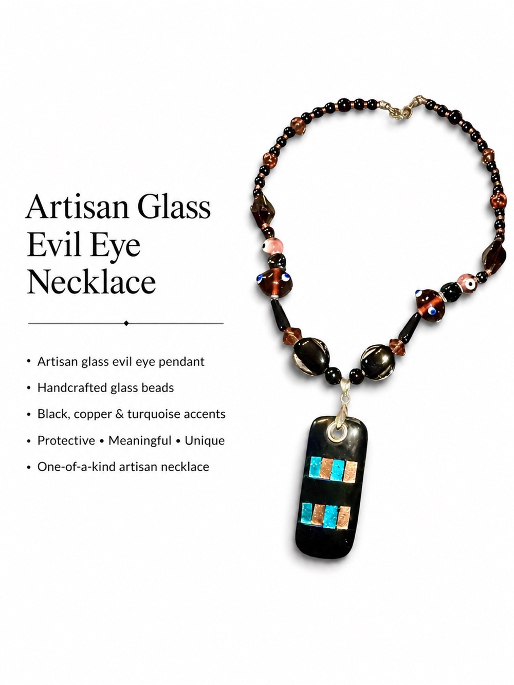 Artisan Evil Eye Glass Bead Necklace Black Copper Turquoise Statement Pendant